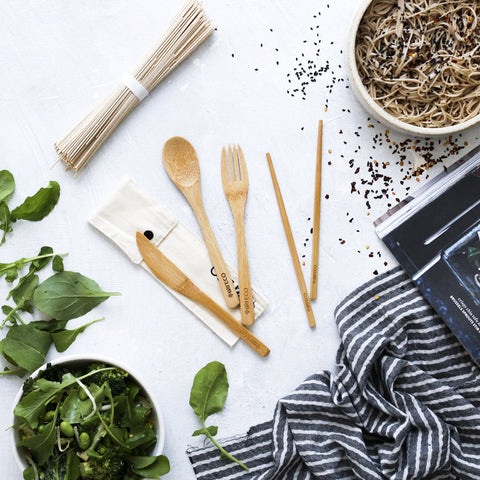 Ever Eco Bamboo Cutlery Set Plus Chopsticks With Organic Cotton Pouch